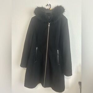 Preston & York Black Fur-Trimmed Trench Coat size 12R